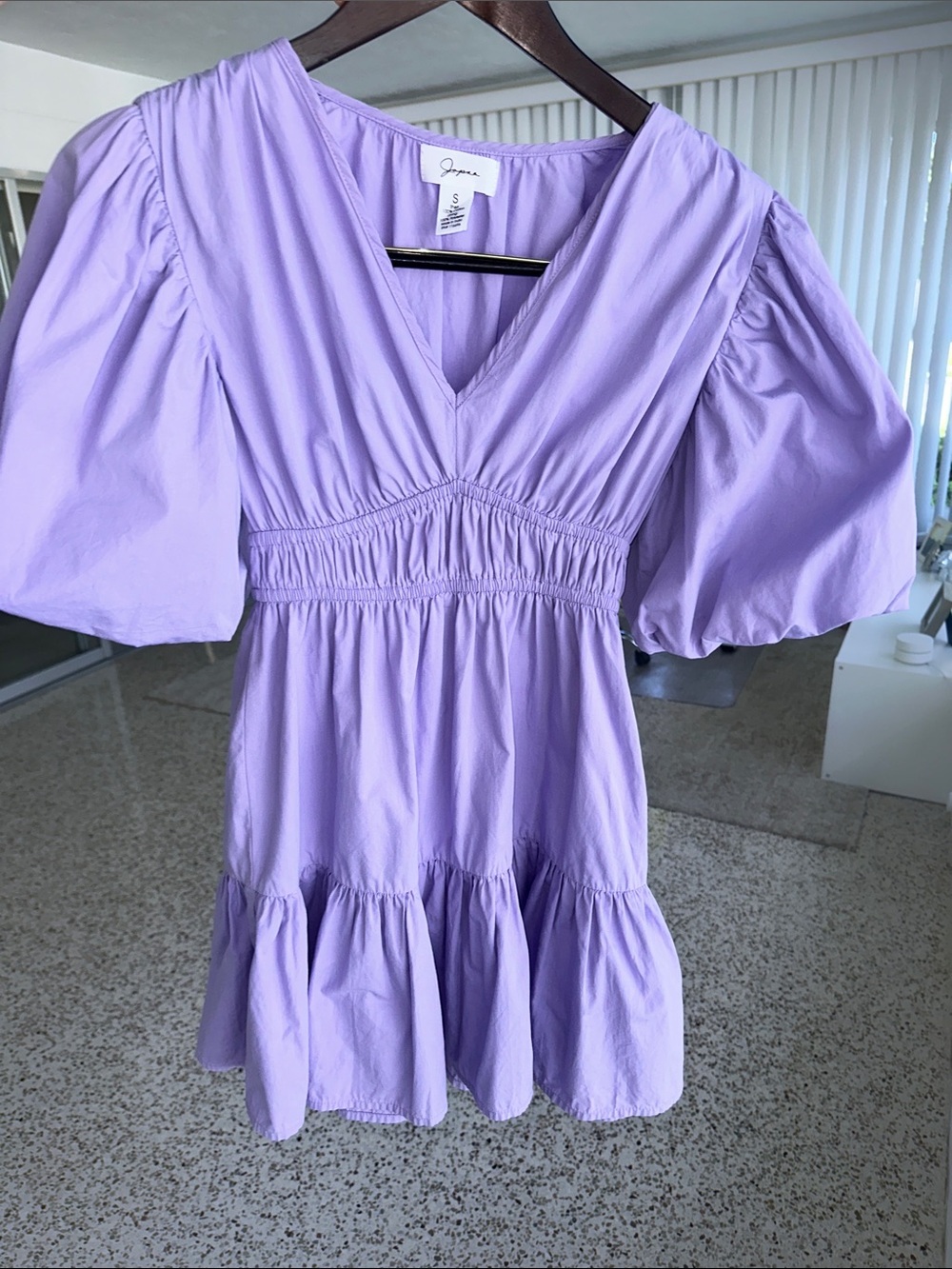 Japna Lavender Puff Sleeve V-Neck Tiered Dress - Picture 4 of 4